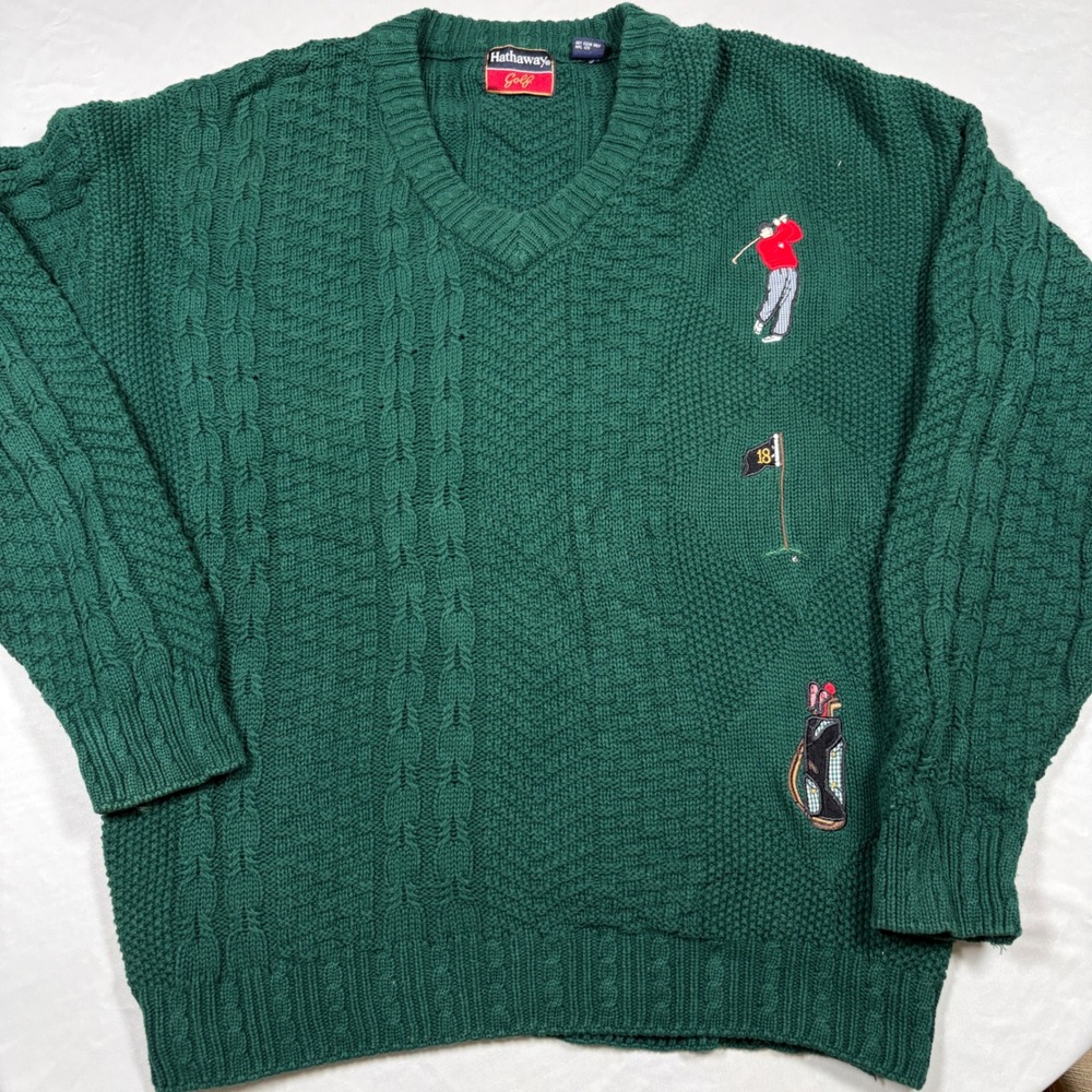 Vintage Hathaway Golf Sweater Mens XL Green Cable Knit V Neck Novelty Embroider